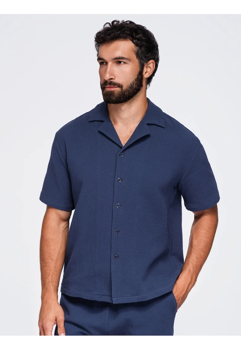 Camasa barbati din bumbac, croi boxy, guler tip kubano, maneca scurta OM-SHSS-0220, Bleumarin,