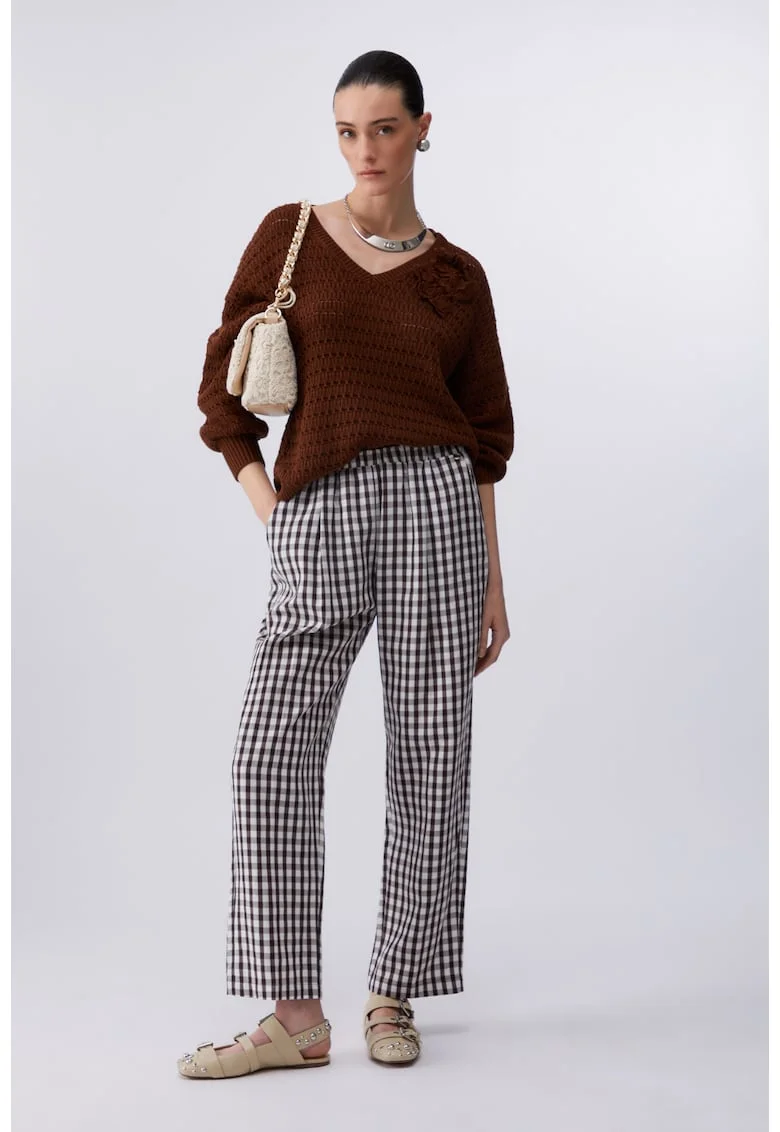 Pantaloni din amestec de in si lyocell cu talie elastica, Alb/Maro inchis