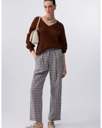 Pantaloni din amestec de in si lyocell cu talie elastica, Alb/Maro inchis