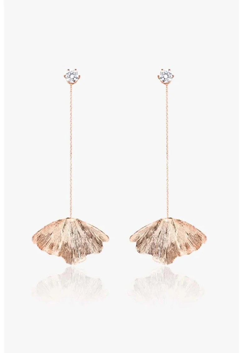 Cercei long Ginkgo din argint placat cu aur 18k si zirconia,  Design