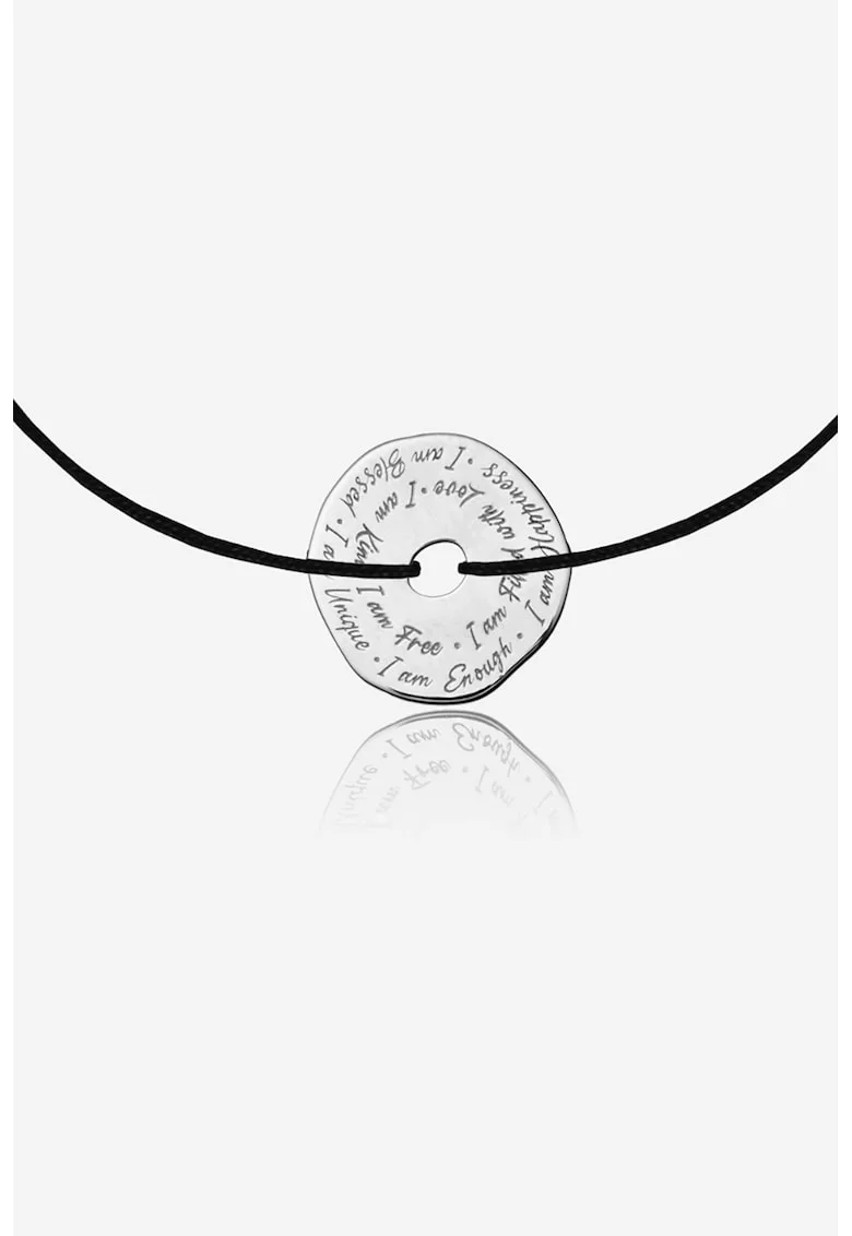 Bratara ajustabila cu talisman circular de argint veritabil, Negru/Argintiu