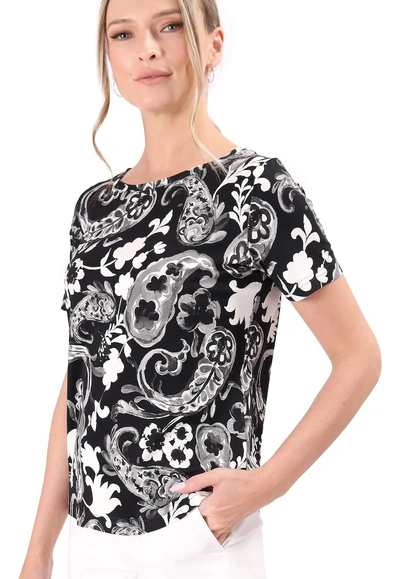 Bluza din jerse elastic imprimat digital cu motive florale TCC-6W3, Negru,