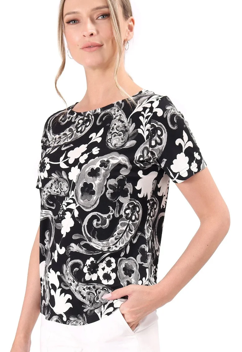 Bluza din jerse elastic imprimat digital cu motive florale TCC-6W3, Negru,