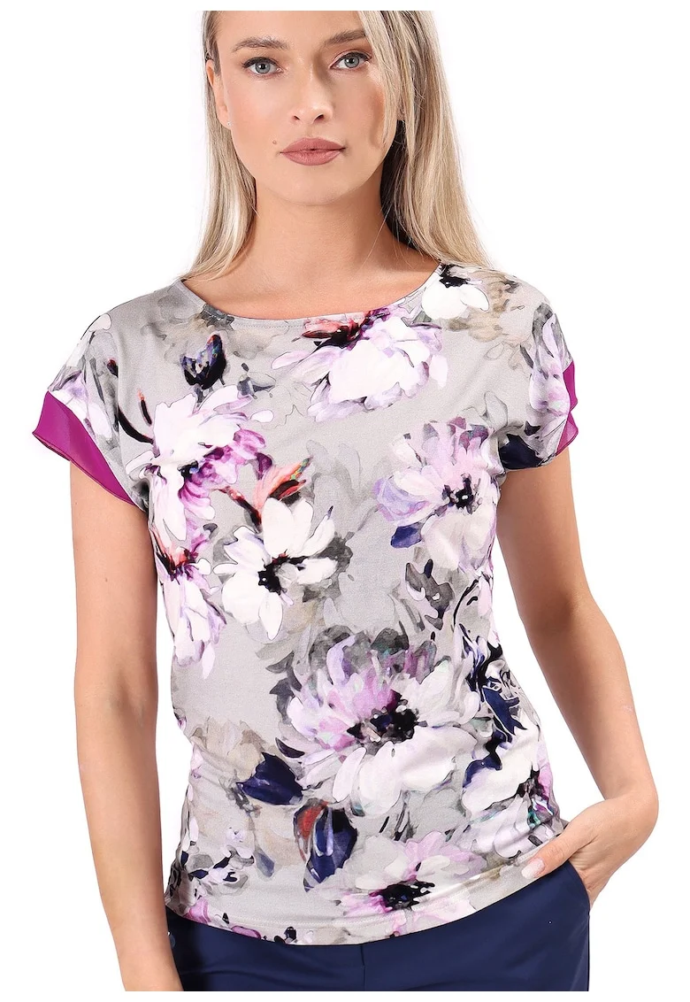 Bluza eleganta din jerse elastic imprimat cu motive florale TJC-6VD, Gri,