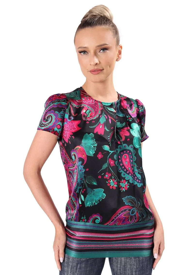 Bluza eleganta din matase naturala imprimata cu motive paisley BYX-C5X, Turcoaz,