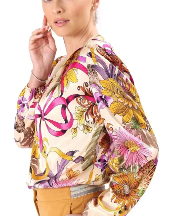 Bluza eleganta din viscoza satinata imprimata cu motive florale BYX-B3W, Bej,