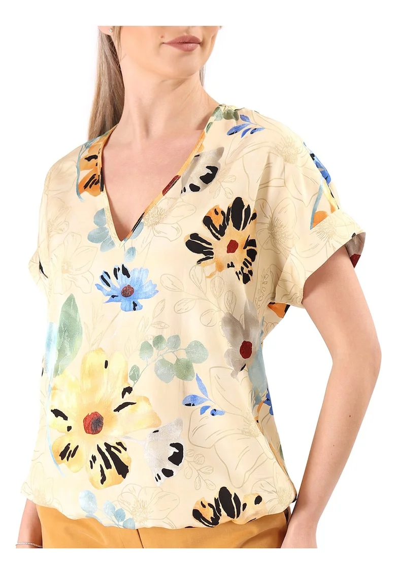 Bluza cu umerii cazuti din viscoza cu motive florale si fir de effect B6V-ZYG, Galben,