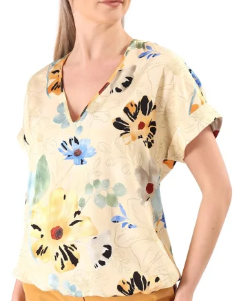 Bluza cu umerii cazuti din viscoza cu motive florale si fir de effect B6V-ZYG, Galben,