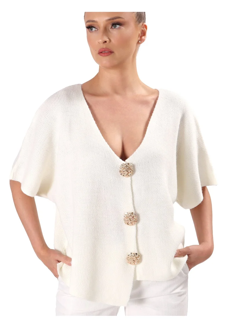 Cardigan lejer tricotat cu nasturi aurii tip brosa BBM-J3W, Ivoire, Universala