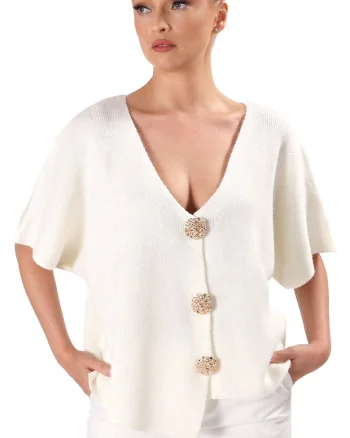 Cardigan lejer tricotat cu nasturi aurii tip brosa BBM-J3W, Ivoire, Universala