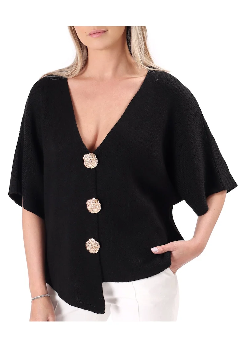 Cardigan lejer tricotat cu nasturi aurii tip brosa BBM-J3N, Negru, Universala