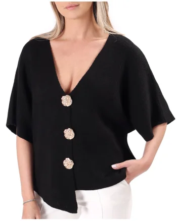 Cardigan lejer tricotat cu nasturi aurii tip brosa BBM-J3N, Negru, Universala
