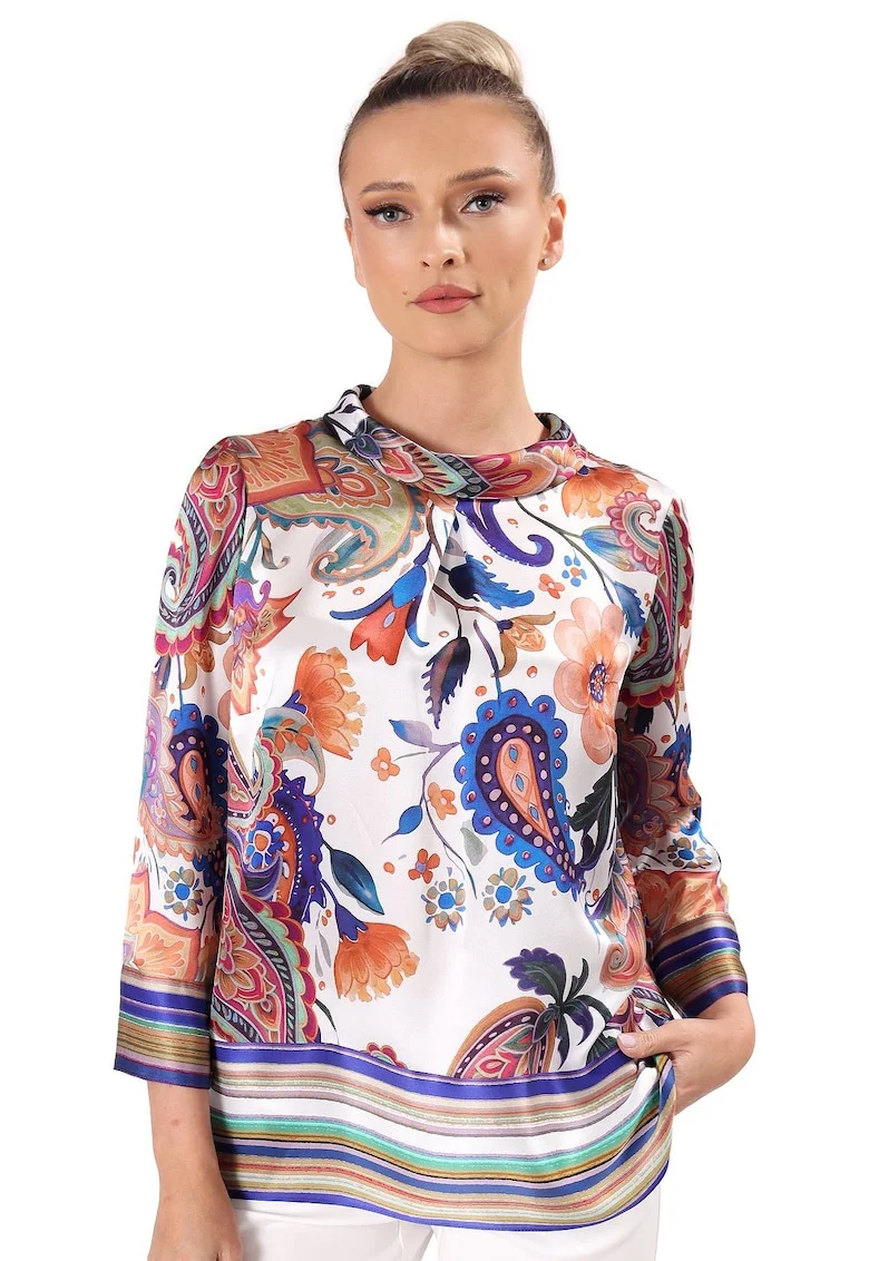 Bluza din matase naturala imprimata digital cu motive paisley BI6-C5J, Bej,