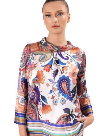 Bluza din matase naturala imprimata digital cu motive paisley BI6-C5J, Bej,