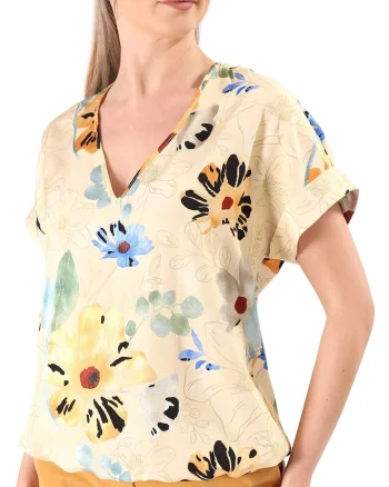 Bluza cu umerii cazuti din viscoza cu motive florale si fir de effect B6V-ZYG, Galben,