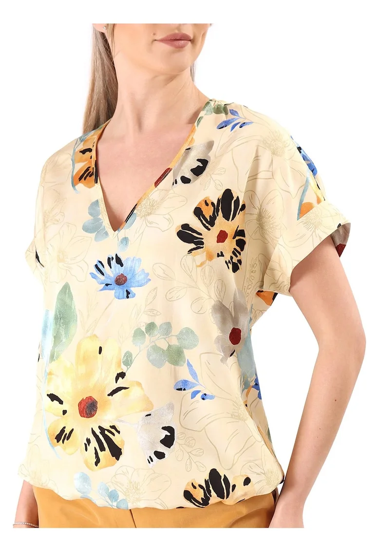 Bluza cu umerii cazuti din viscoza cu motive florale si fir de effect B6V-ZYG, Galben,