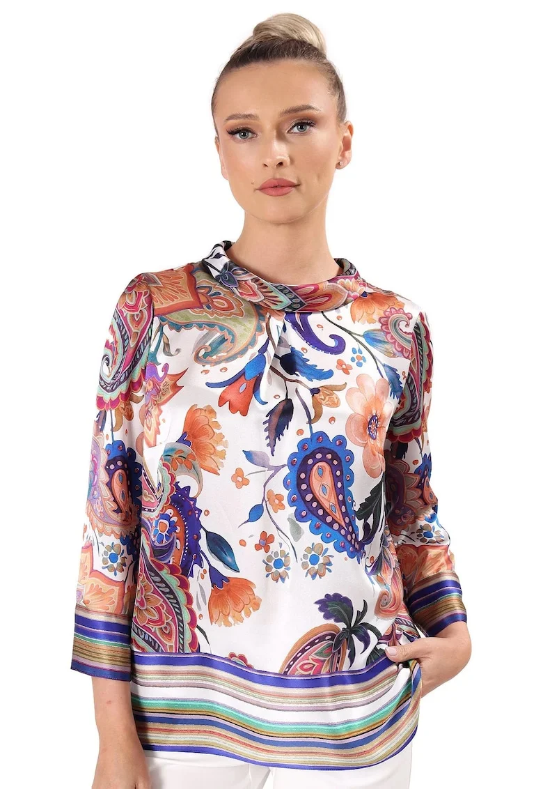 Bluza din matase naturala imprimata digital cu motive paisley BI6-C5J, Bej,