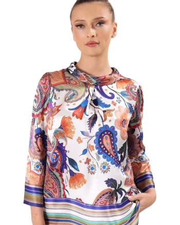 Bluza din matase naturala imprimata digital cu motive paisley BI6-C5J, Bej,