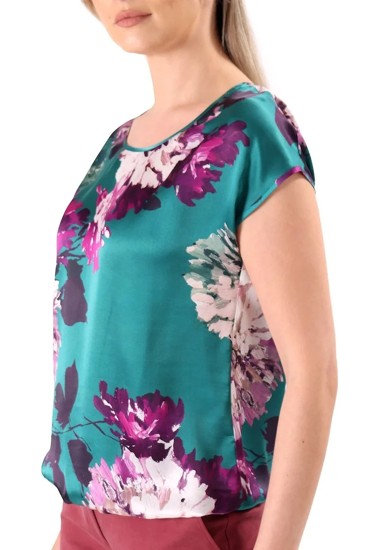 Bluza lejera din matase naturala imprimata cu motive florale BJV-C47, Verde,