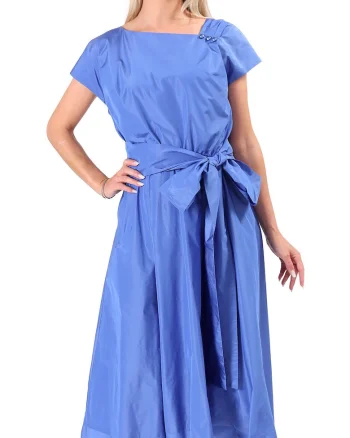 Rochie midi din tafta usoara cu cordon funda si perle RT9-T7S, Albastru,