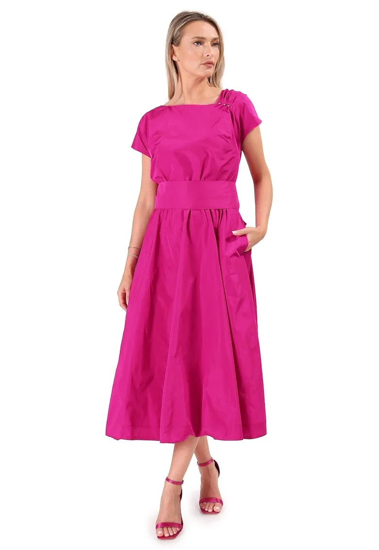 Rochie midi din tafta usoara cu cordon funda si perle RT9-T7C, Roz,