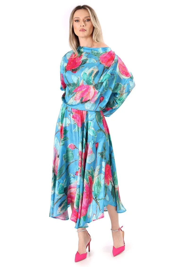 Rochie midi din viscoza cu matase naturala imprimata cu motive florale RS9-TYC, Albastru,