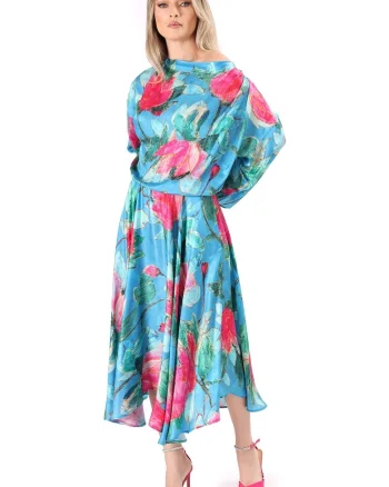 Rochie midi din viscoza cu matase naturala imprimata cu motive florale RS9-TYC, Albastru,
