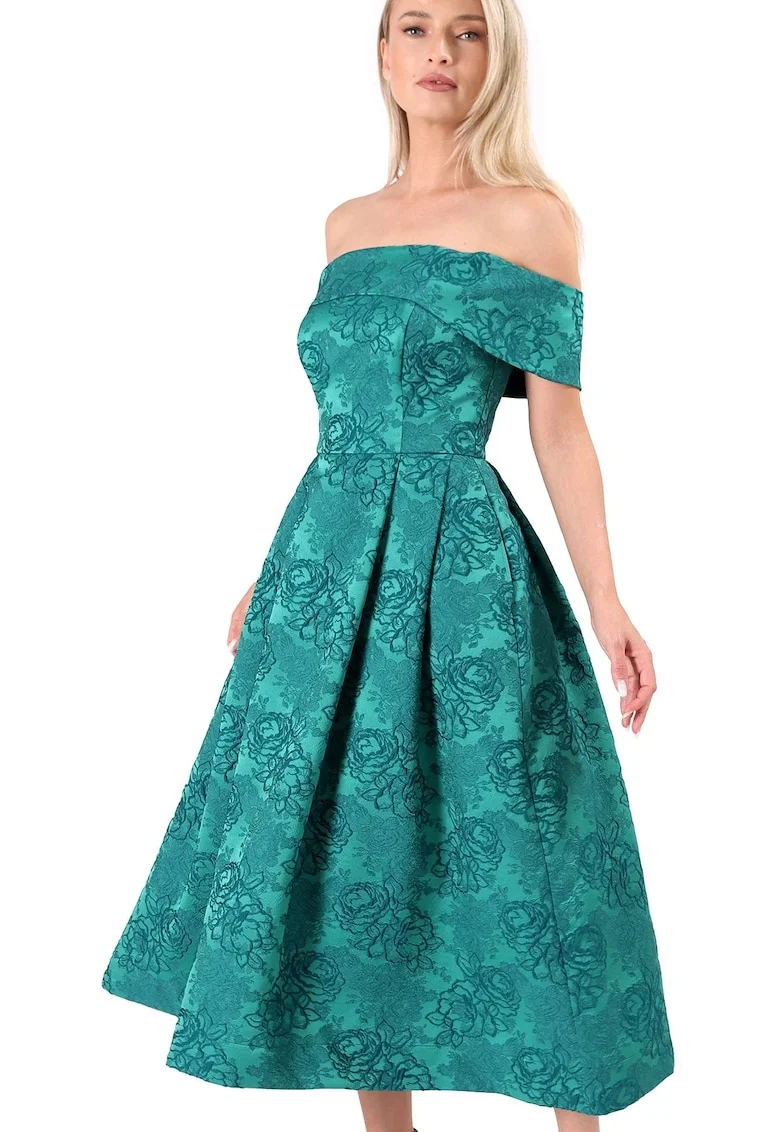 Rochie eleganta de seara cu umeri goi din brocart cu motive florale RVR-CBE, Verde,