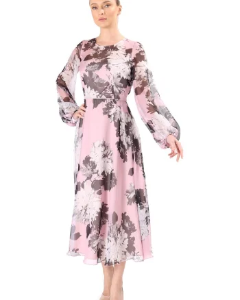 Rochie midi din voal fin imprimat cu motive florale RLX-P52, Roz,