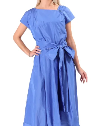Rochie midi din tafta usoara cu cordon funda si perle RT9-T7S, Albastru,