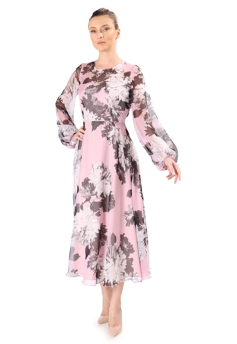 Rochie midi din voal fin imprimat cu motive florale RLX-P52, Roz,