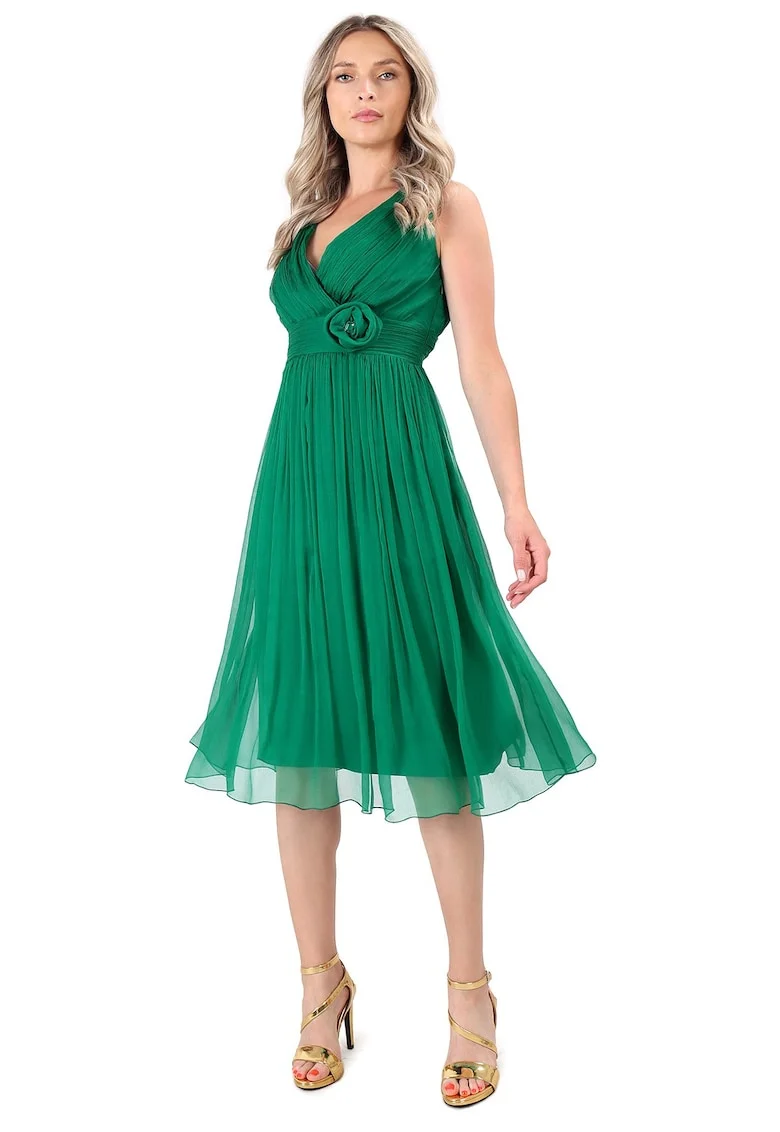 Rochie de seara din voal de matase naturala cu brosa RGY-YR7, Verde,