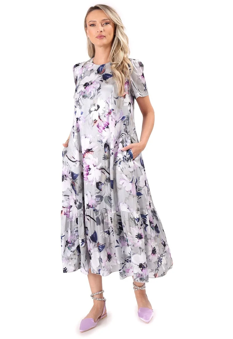 Rochie midi lejera din viscoza cu matase naturala imprimata cu motive florale RJD-TYD, Gri,