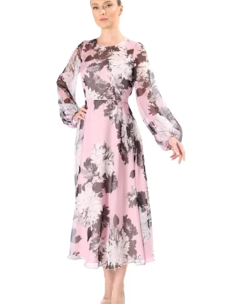 Rochie midi din voal fin imprimat cu motive florale RLX-P52, Roz,