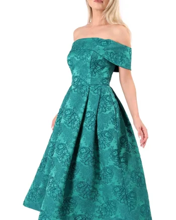 Rochie eleganta de seara cu umeri goi din brocart cu motive florale RVR-CBE, Verde,