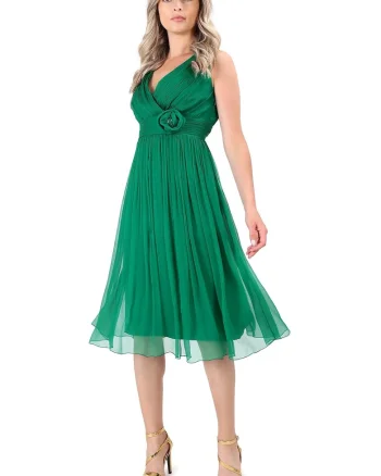 Rochie de seara din voal de matase naturala cu brosa RGY-YR7, Verde,
