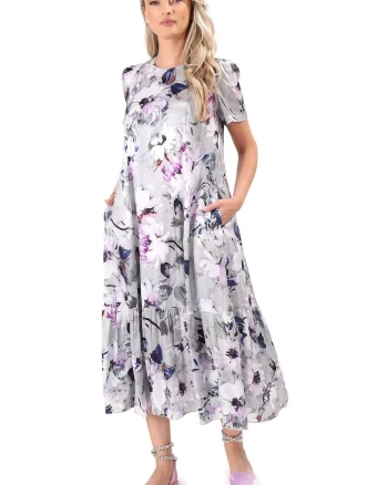 Rochie midi lejera din viscoza cu matase naturala imprimata cu motive florale RJD-TYD, Gri,