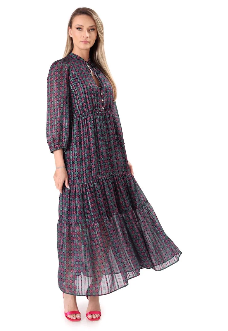 Rochie lunga cu volane din voal cu fir de lurex RWE-WAR, Rosu,