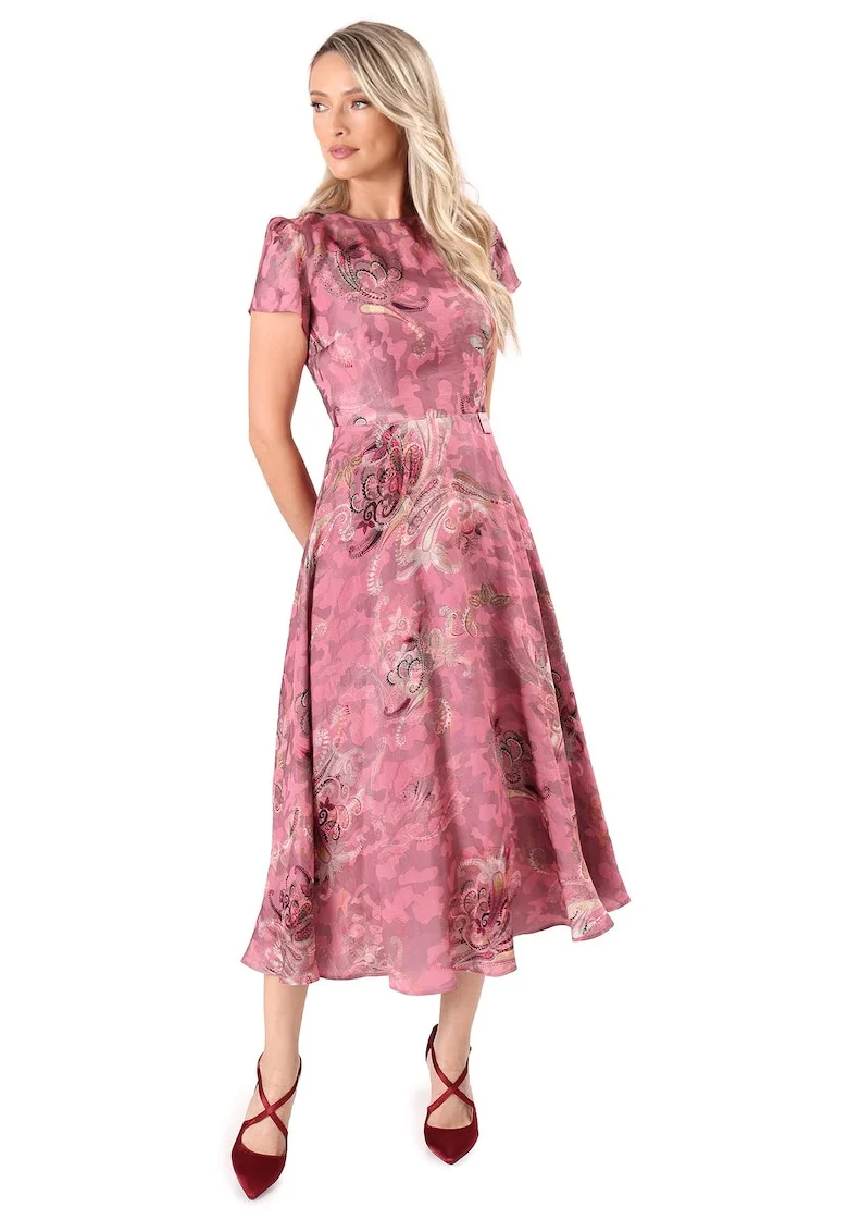 Rochie midi eleganta din viscoza imprimata RLX-FSC, Roz,