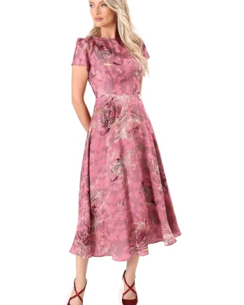 Rochie midi eleganta din viscoza imprimata RLX-FSC, Roz,