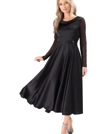 Rochie midi satinata cu maneci lungi din dantela RV6-4EN, Negru,