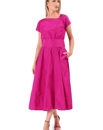 Rochie midi din tafta usoara cu cordon funda si perle RT9-T7C, Roz,