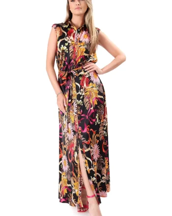 Rochie lunga din viscoza satinata imprimata cu motive florale RFC-B3N, Negru,