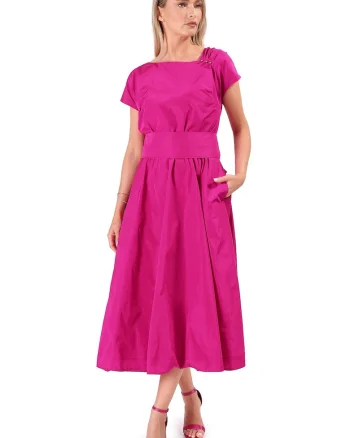 Rochie midi din tafta usoara cu cordon funda si perle RT9-T7C, Roz,