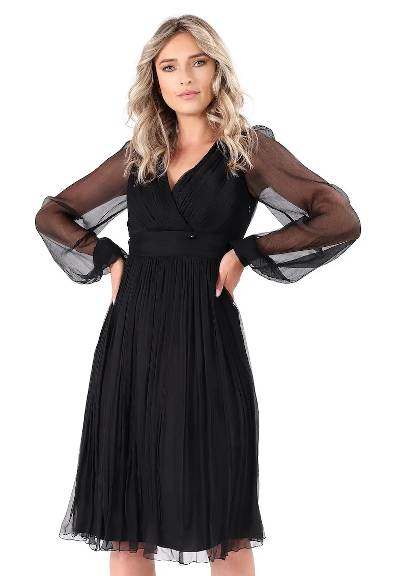 Rochie eleganta din voal de matase naturala RGY-YR9, Negru,
