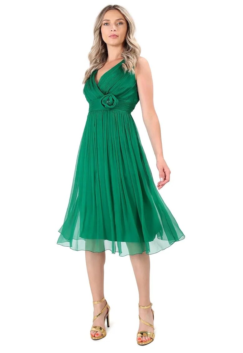 Rochie de seara din voal de matase naturala cu brosa RGY-YR7, Verde,