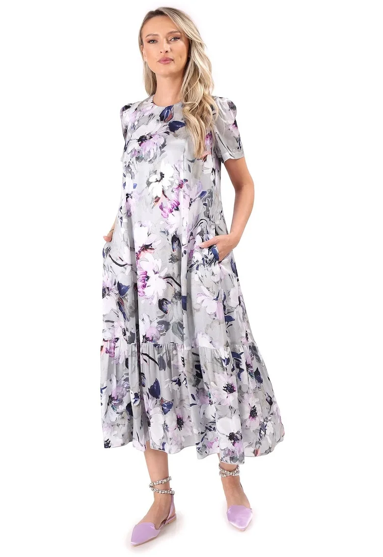Rochie midi lejera din viscoza cu matase naturala imprimata cu motive florale RJD-TYD, Gri,