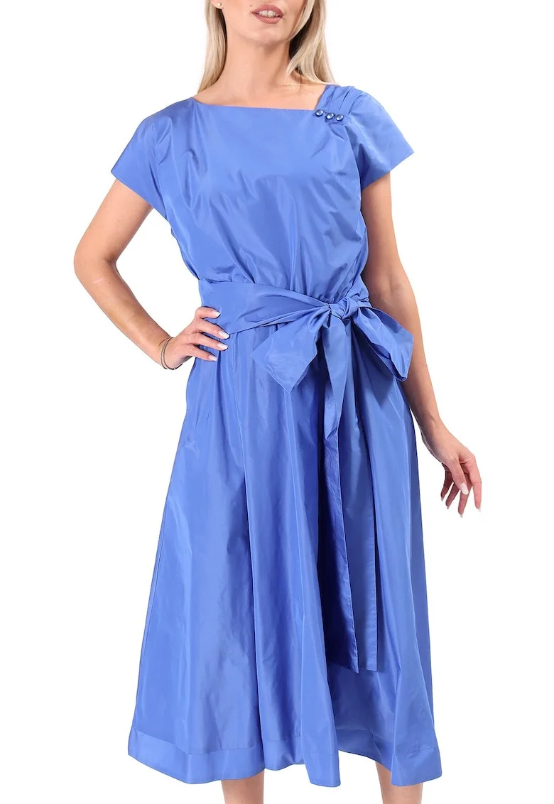 Rochie midi din tafta usoara cu cordon funda si perle RT9-T7S, Albastru,