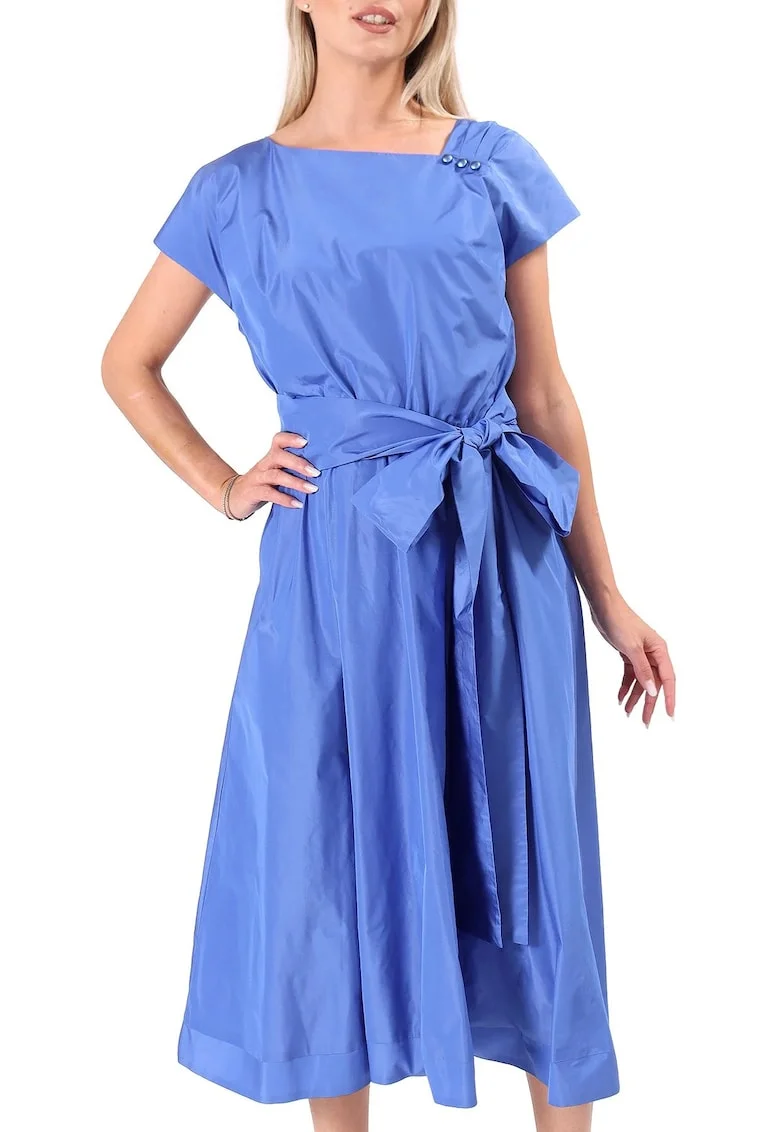 Rochie midi din tafta usoara cu cordon funda si perle RT9-T7S, Albastru,
