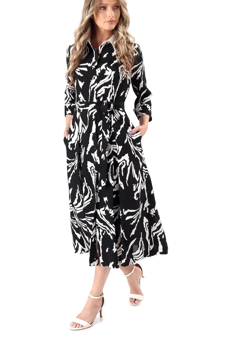 Rochie midi tip camasa din viscoza cu guler cu stei alb R9C-M3A, Negru,